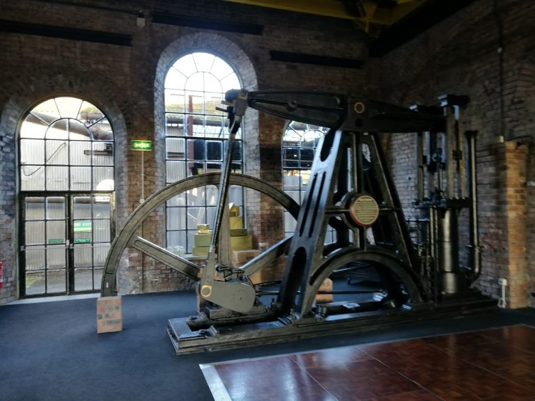 Historic winding engine inside the brick engine house at Lady Victoria Colliery
