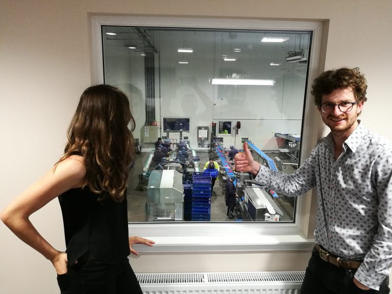 TownRock Energy staff at a viewing window overlooking the fruit packing line at a Scottish berry farm