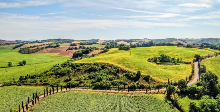 Aerial view of rolling farmland and hedgerows around a rural English village