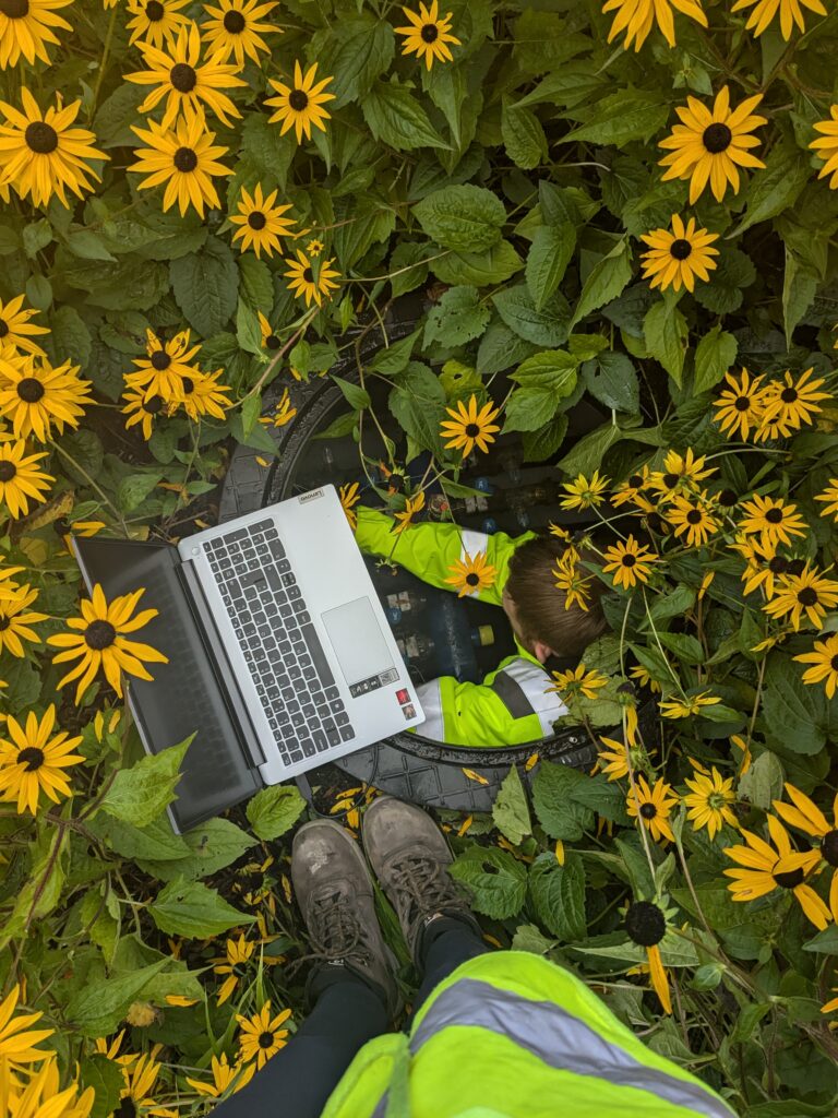 Person down a manifold chamber, with a laptop. Surrounded by plants and flowers.