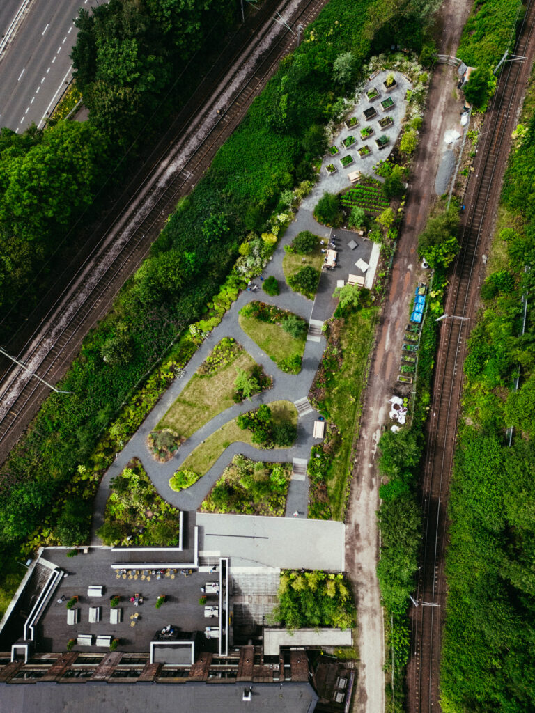 Overhead photo of community garden where the boreholes are hiden