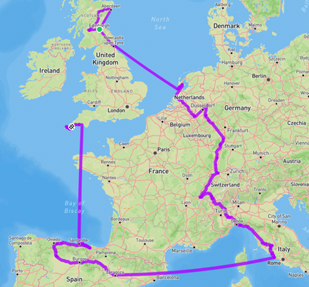 Map of Europe with a purple line showing the cycle route.