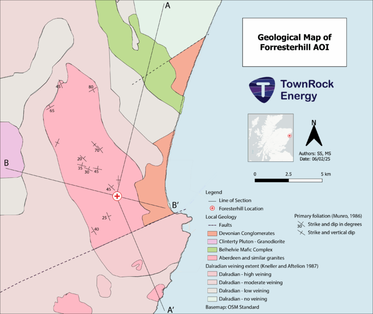 Geological map of the Foresterhill area of interest, showing Aberdeen granites and mapped faults
