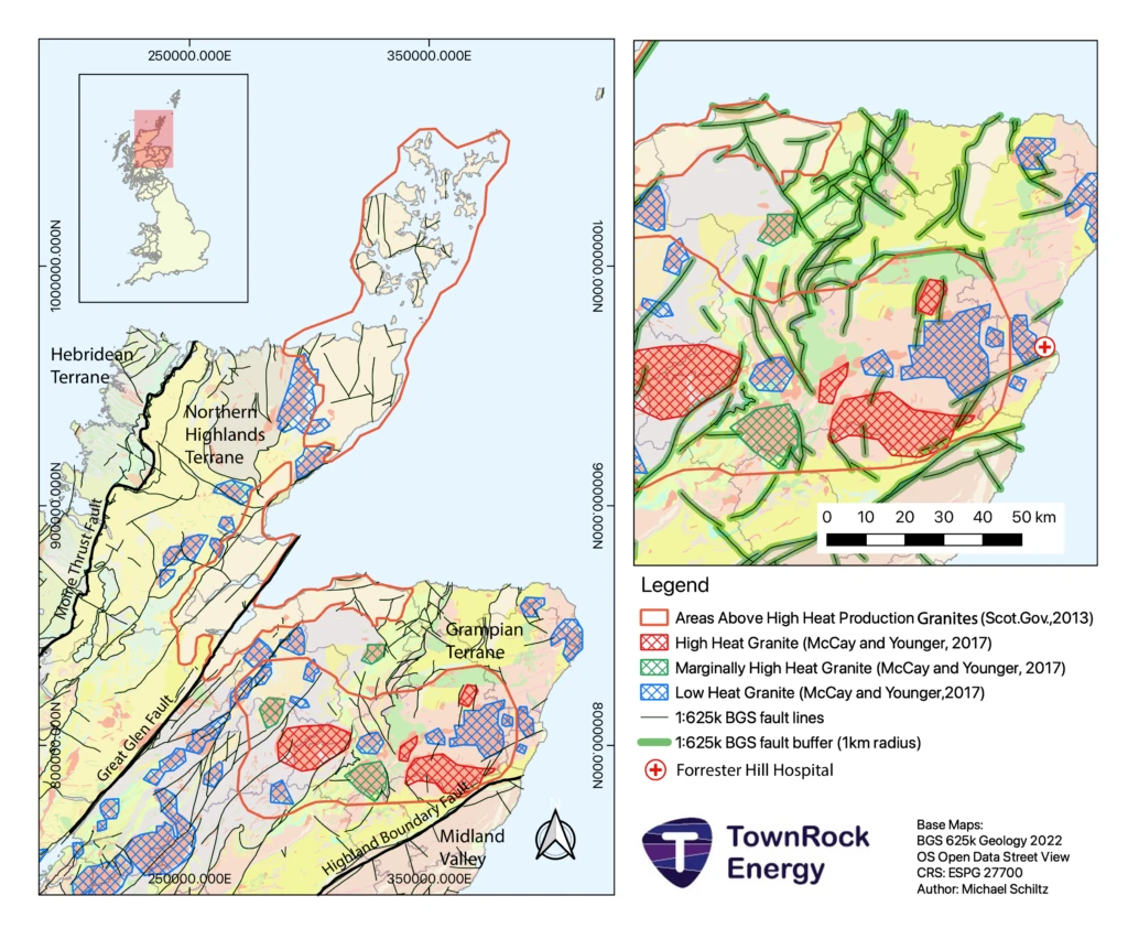 Map of high heat production granites across the NE Grampian region, with Foresterhill Hospital marked