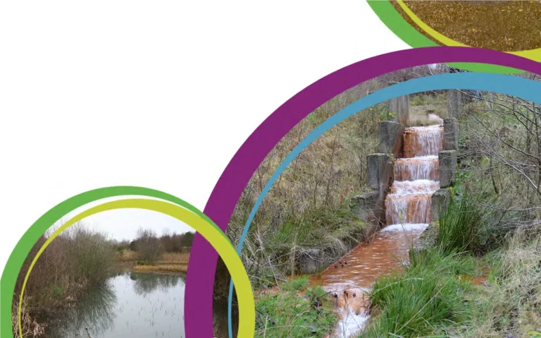 Flooded mine water outflow stained orange with iron, beside a settlement pond